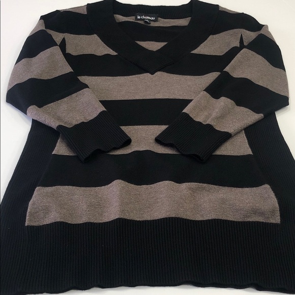 Le Château V-Neck Striped Sweater – Women’s Size Medium – Black & Taupe - Picture 11 of 15
